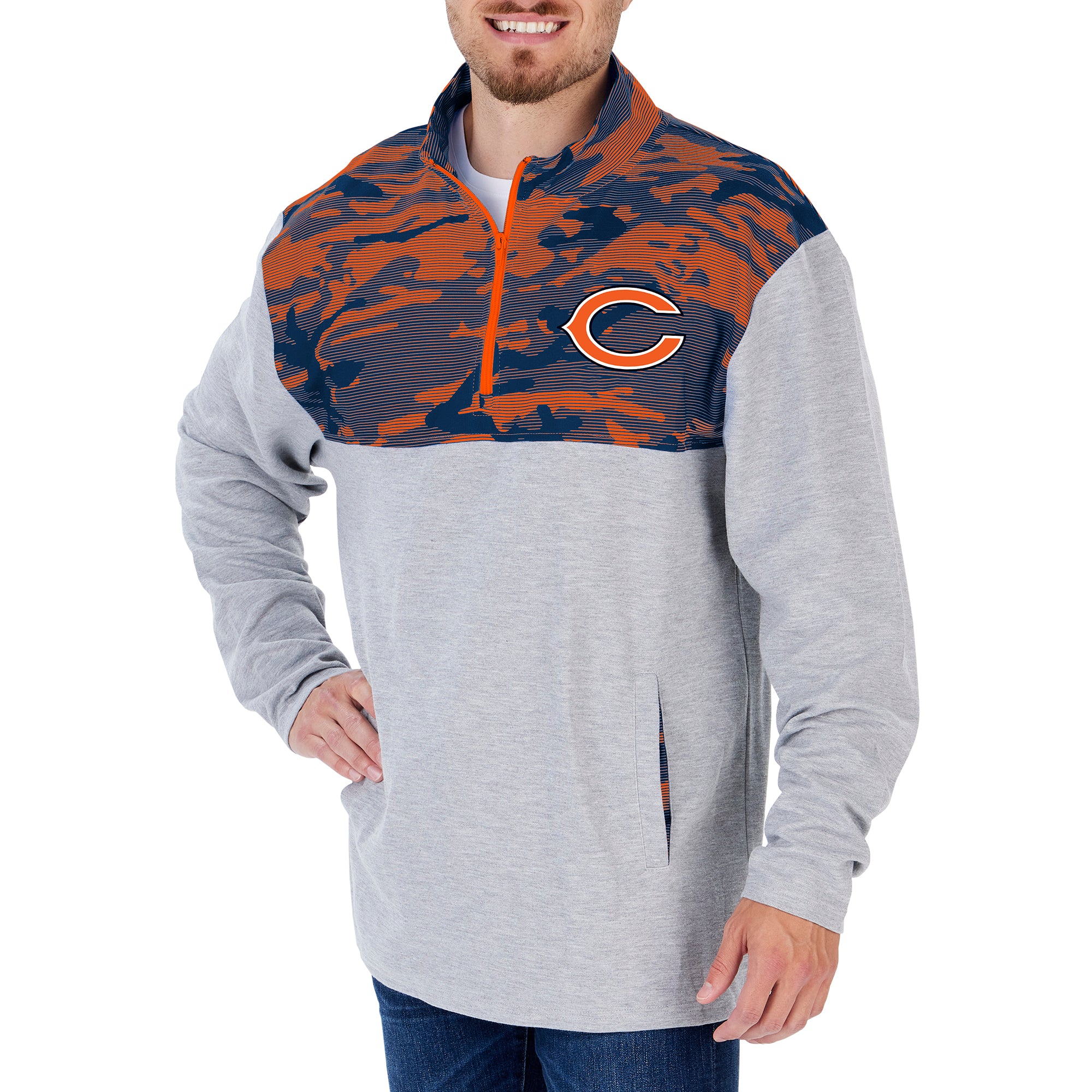 Zubaz Men's Gray 1/4 Zip NFL Chicago Bears Fleece Pullover with Camo Patterns