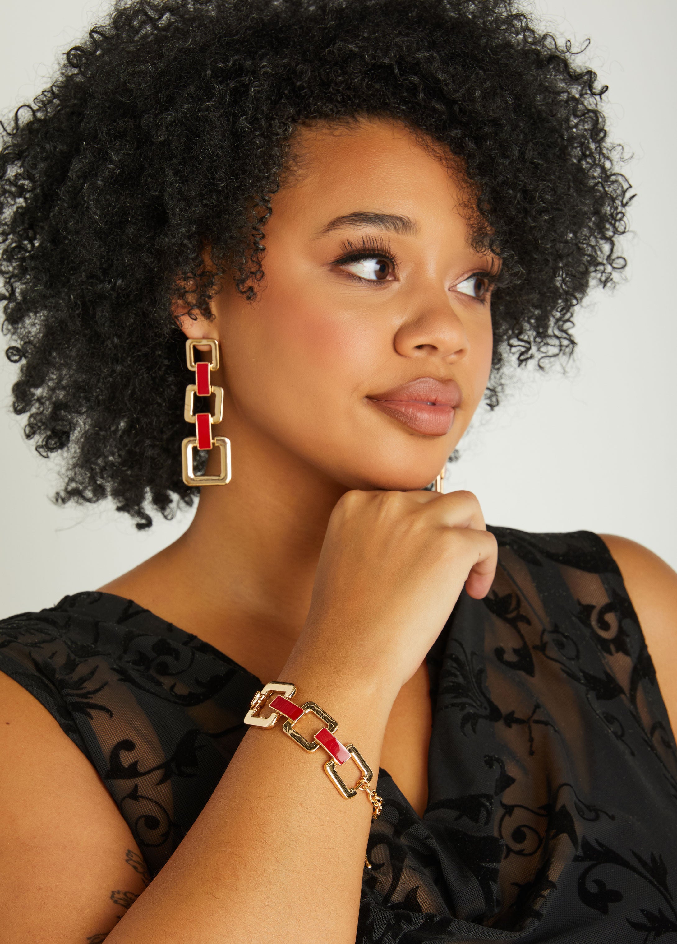 Budget-Friendly Ruby Enamel and Gilded Chain Link Bracelet and Earrings Set