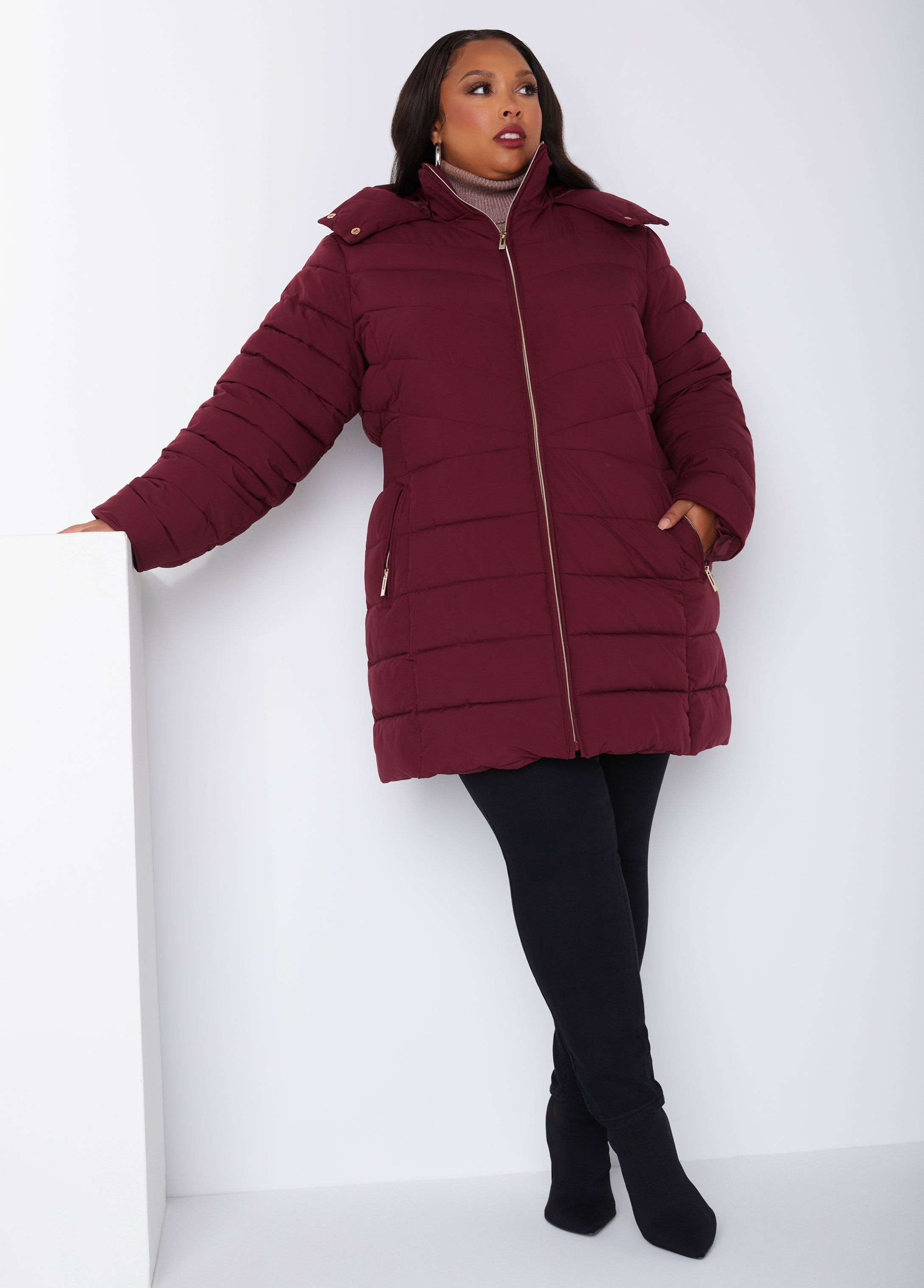Hot Deal! Mid - length Hooded Ribbed Puffer Coat