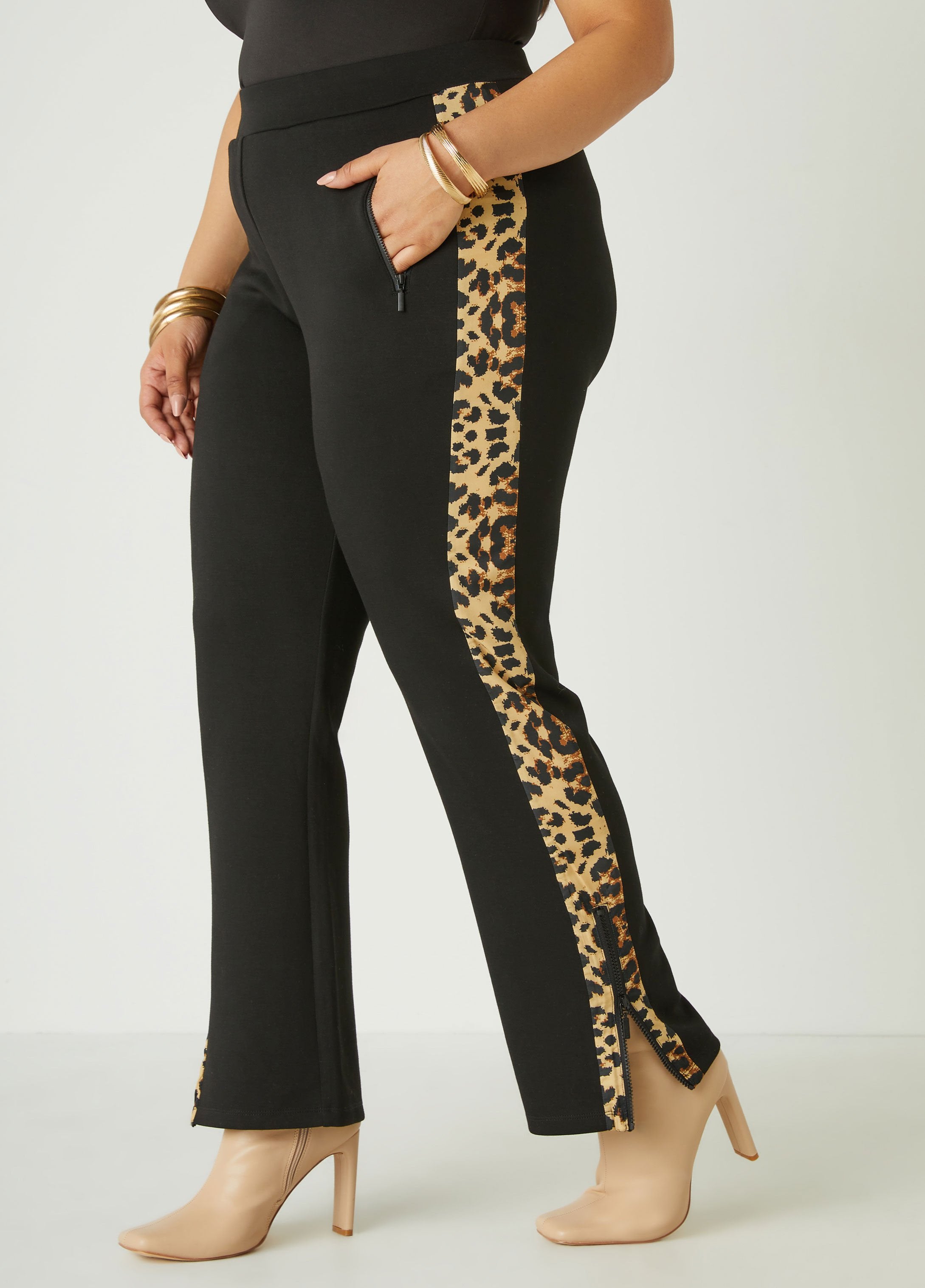 Hot Sale! Ponte Animal Print Track Pants with Side Zip Pockets and Ankle Zip Details