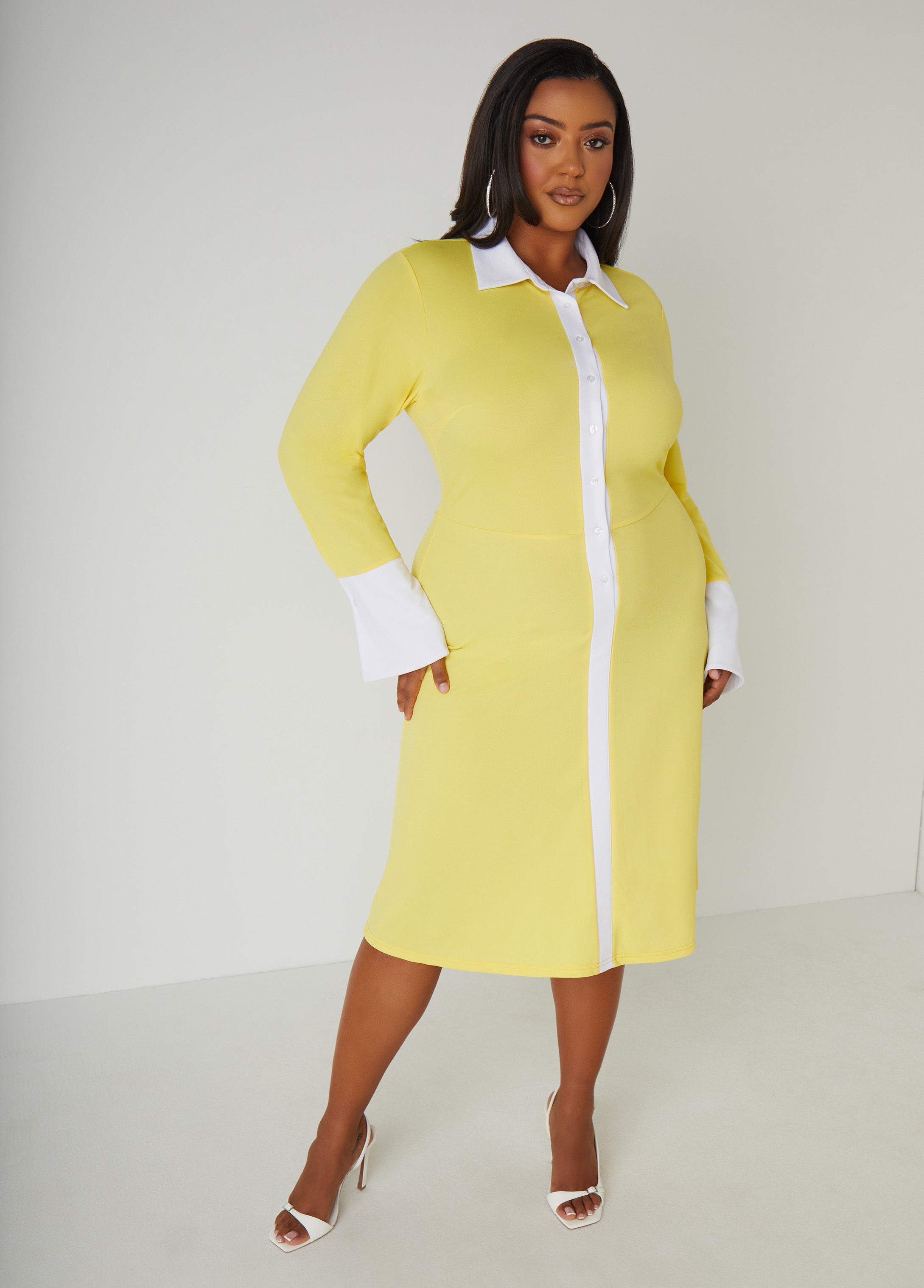 Exclusive Two-Tone Bell-Sleeved Shirtdress