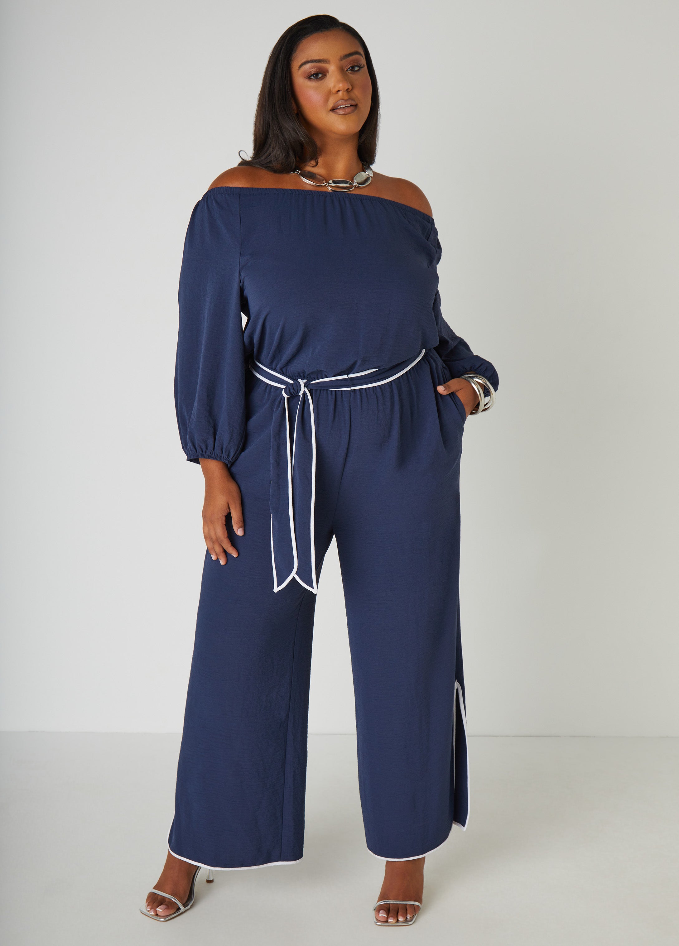 Stylish Belted Off-the-Shoulder Wide-Leg Jumpsuit with Contrast Trims