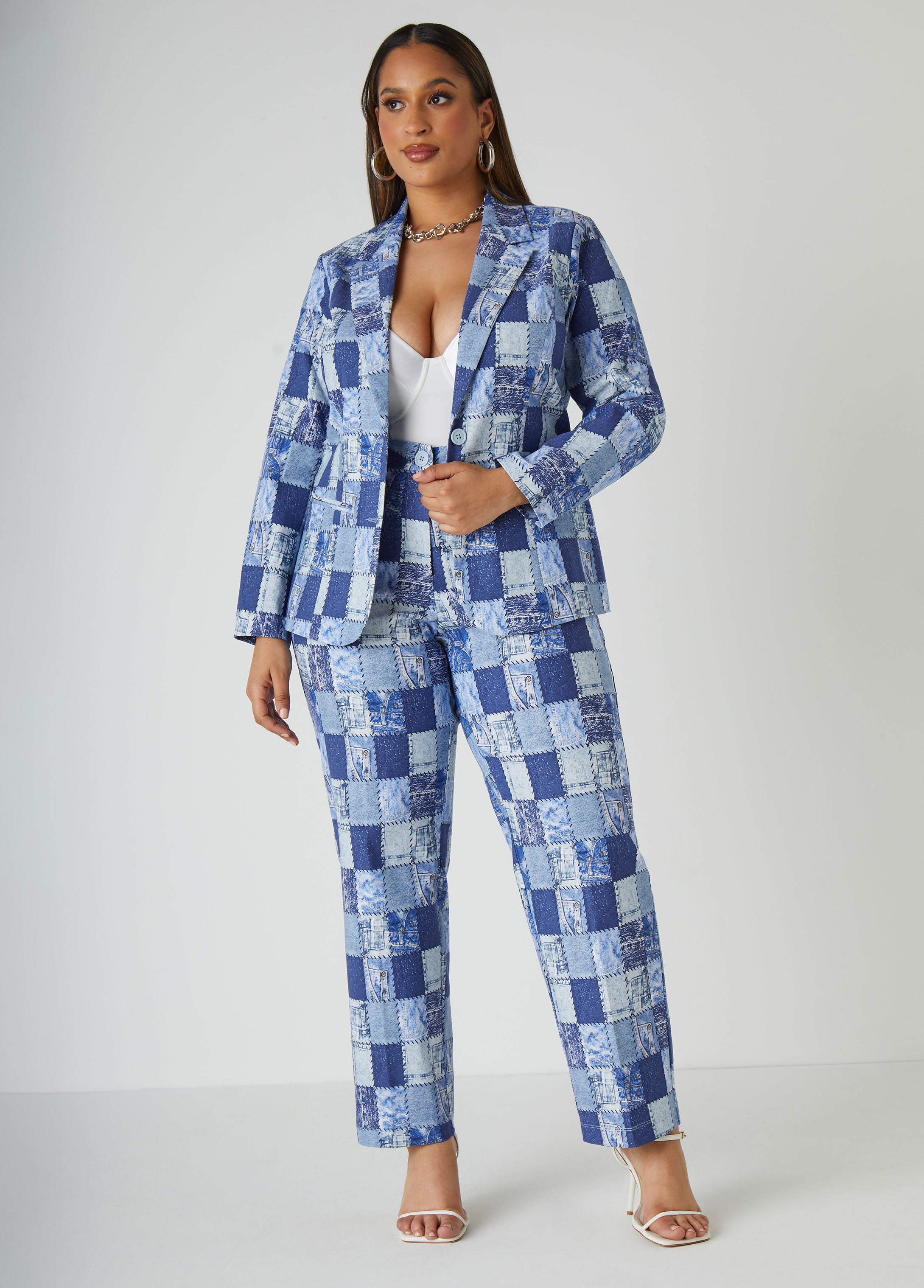 Hot Sale! Denim Print Stretch-Crepe Blazer