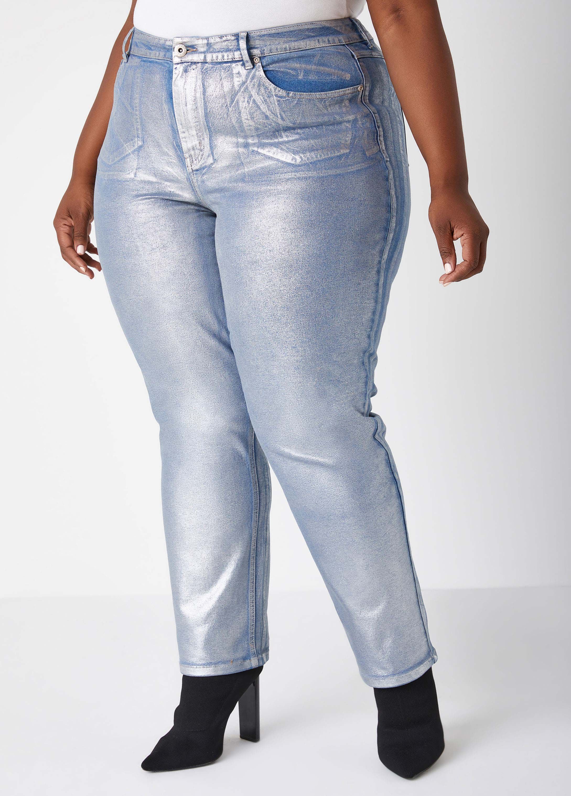 Hot Sale! Metallic Coated Stretch Denim Slim-Leg Mid-Rise Jeans for a Modern Look