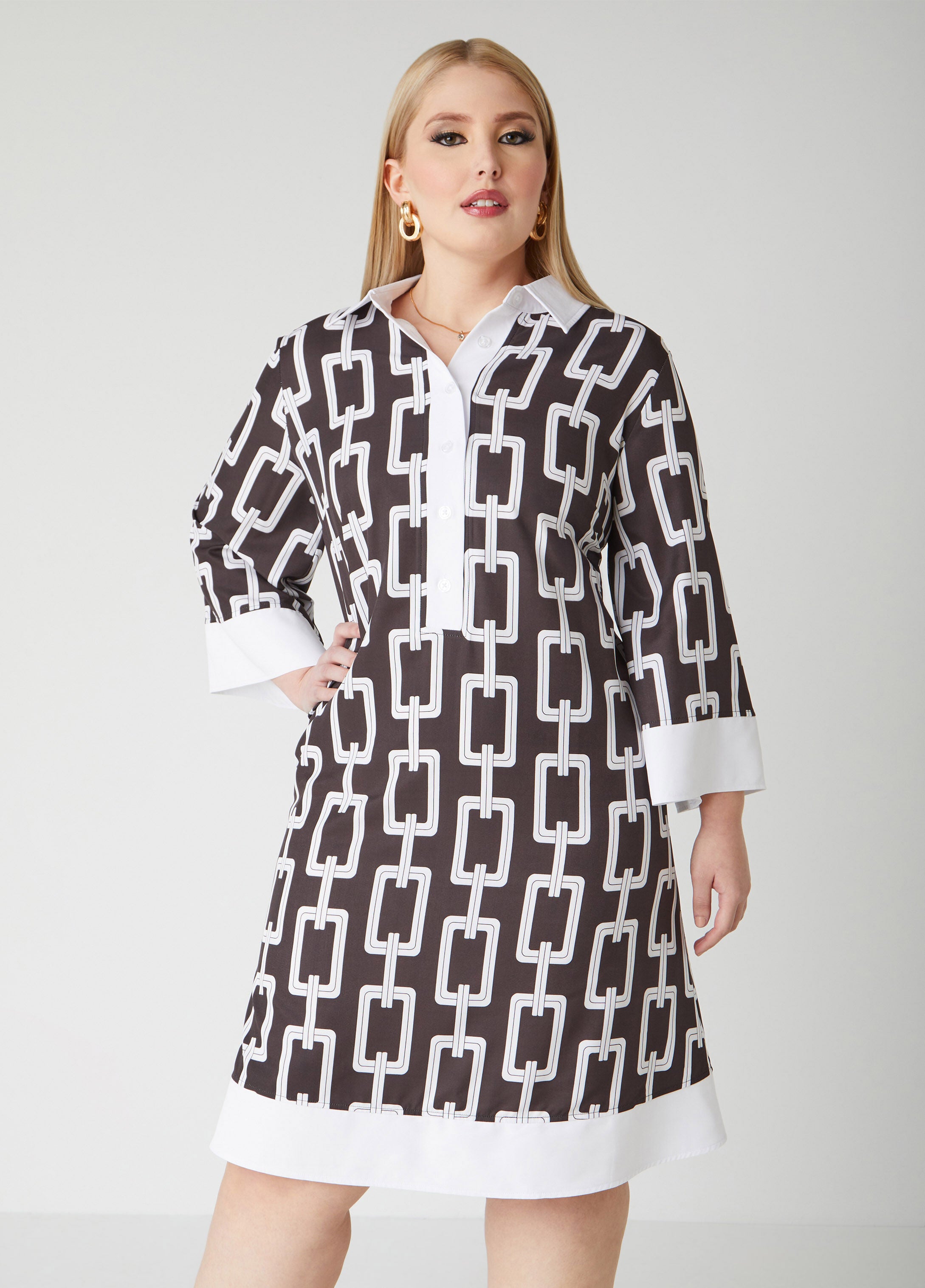 Hot Sale! Stylish Chain Link Pattern Woven Shirtdress for Effortless Chic Look