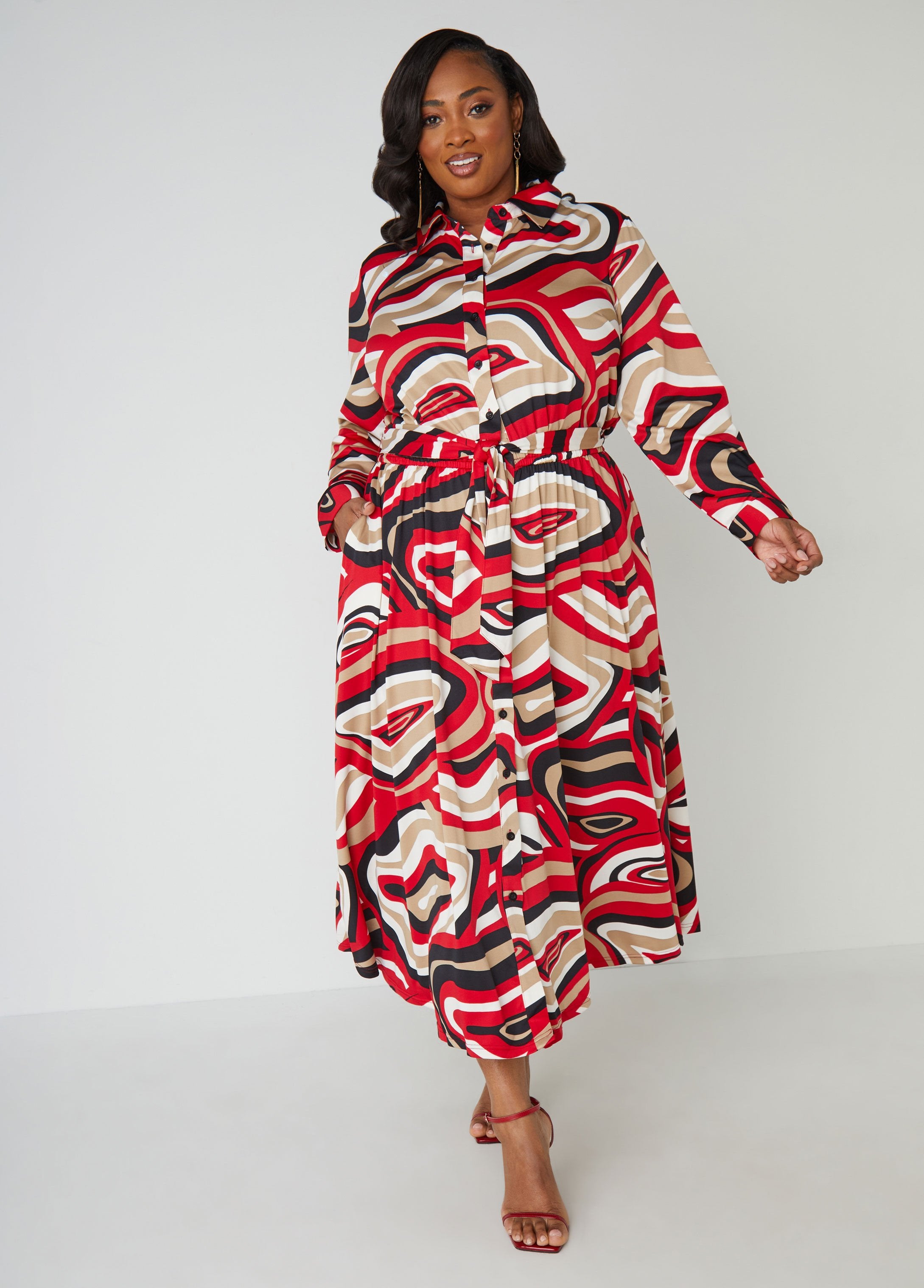 Hot! Swirl Print A-Line Shirtdress for Effortless Style