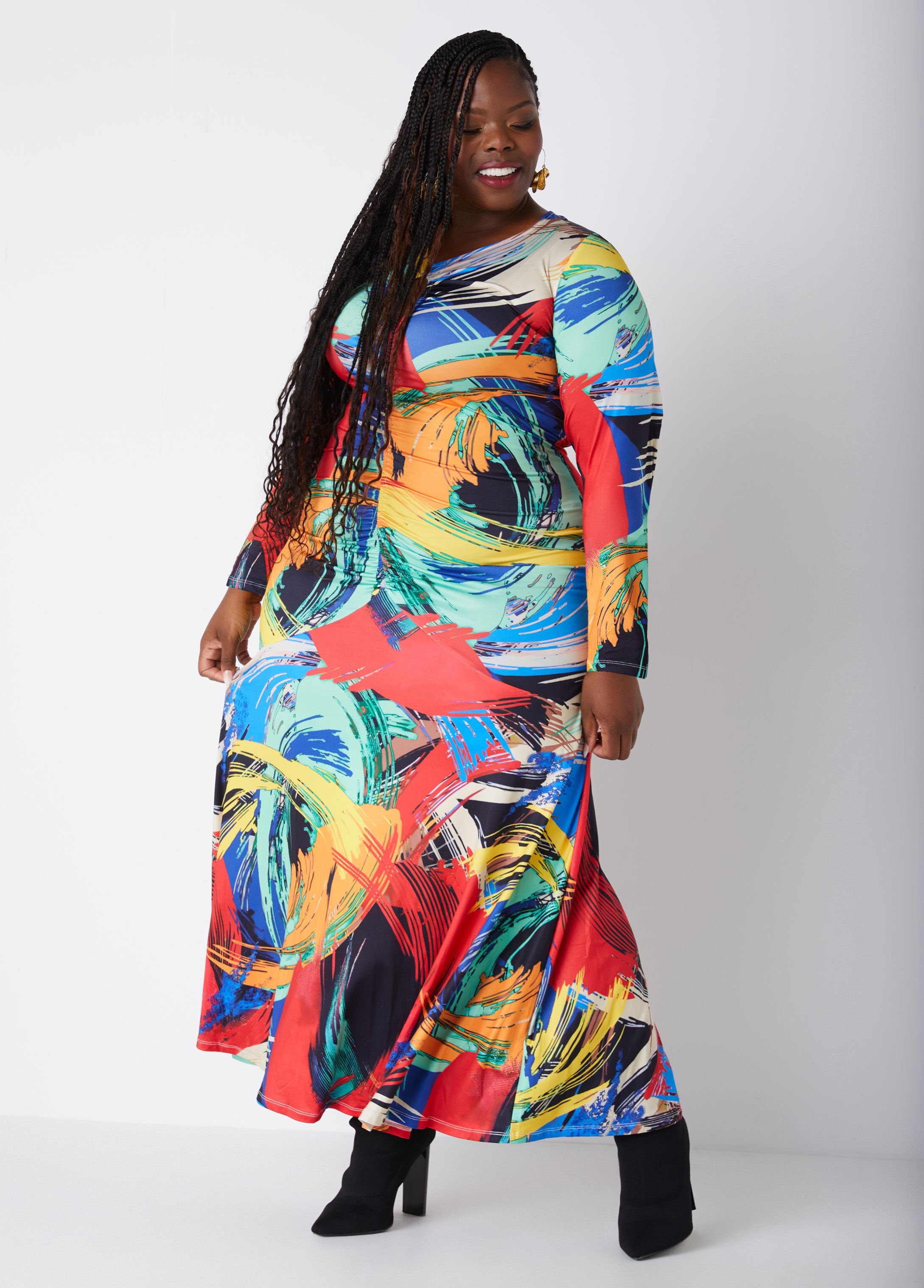 Stylish Ruched Multicolored Keyhole Printed Maxi Dress for Festive Occasions