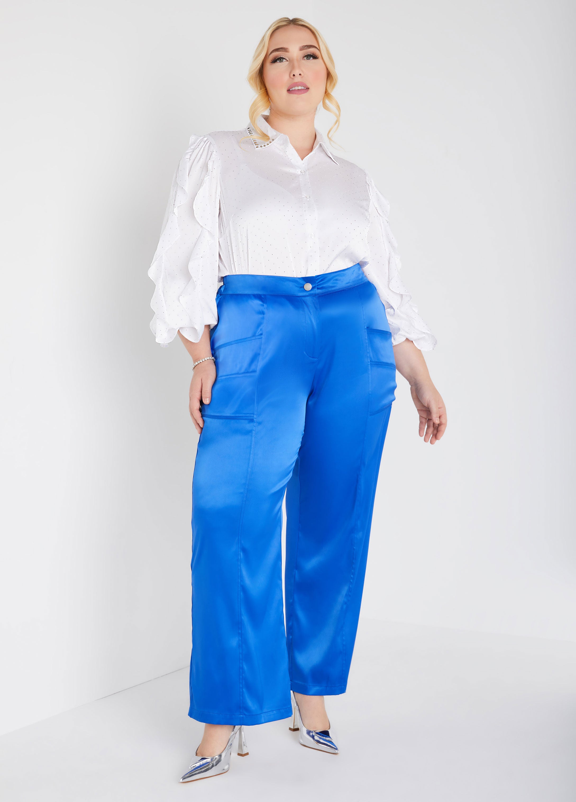 Sparkling Crystal & Ruffle Trim Satin Shirt - Holiday Special