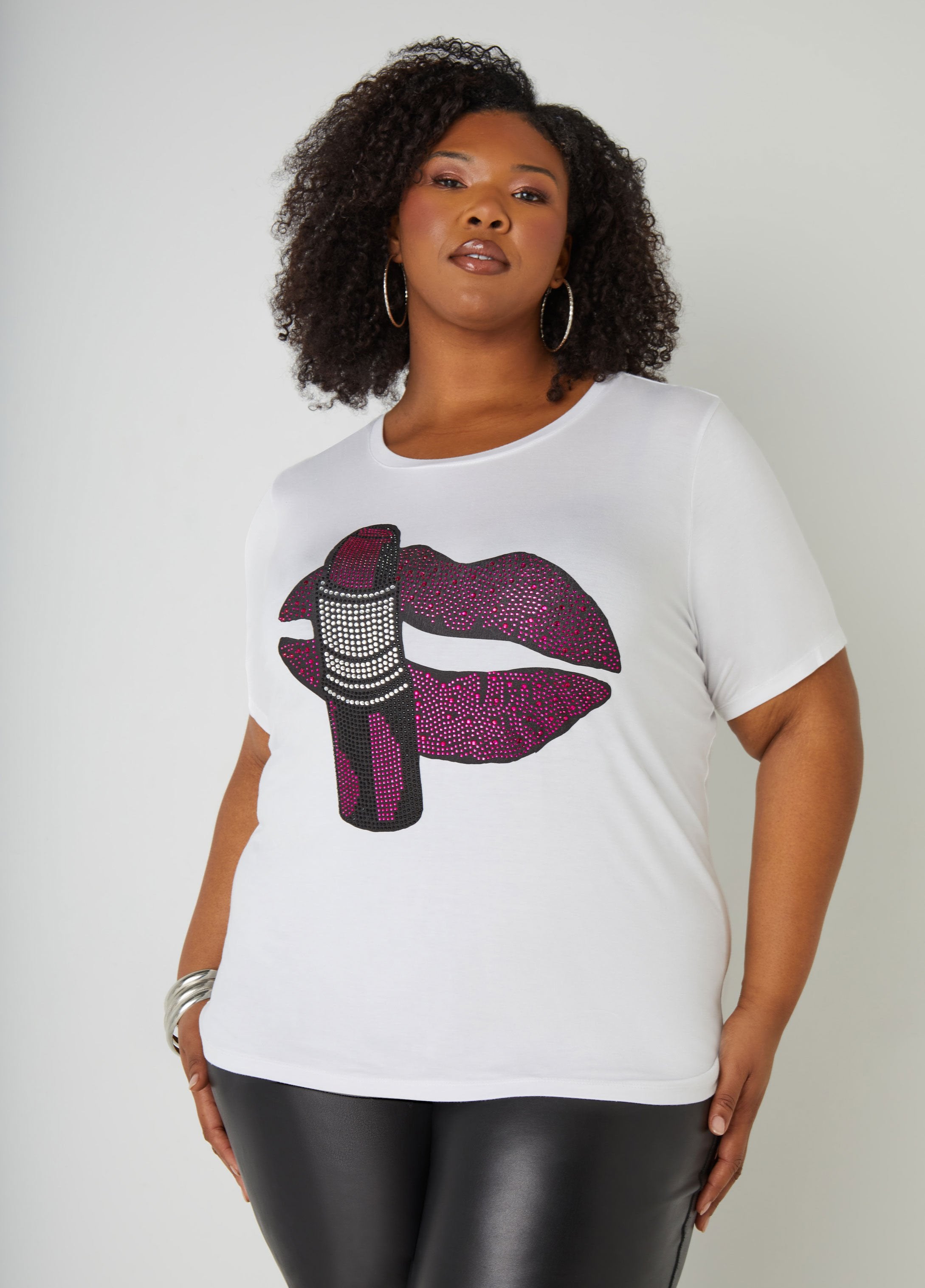 Hot Sale! Crystal - Embellished Lipstick Graphic Stretch - Knit Tee for Fashionable Everyday Wear
