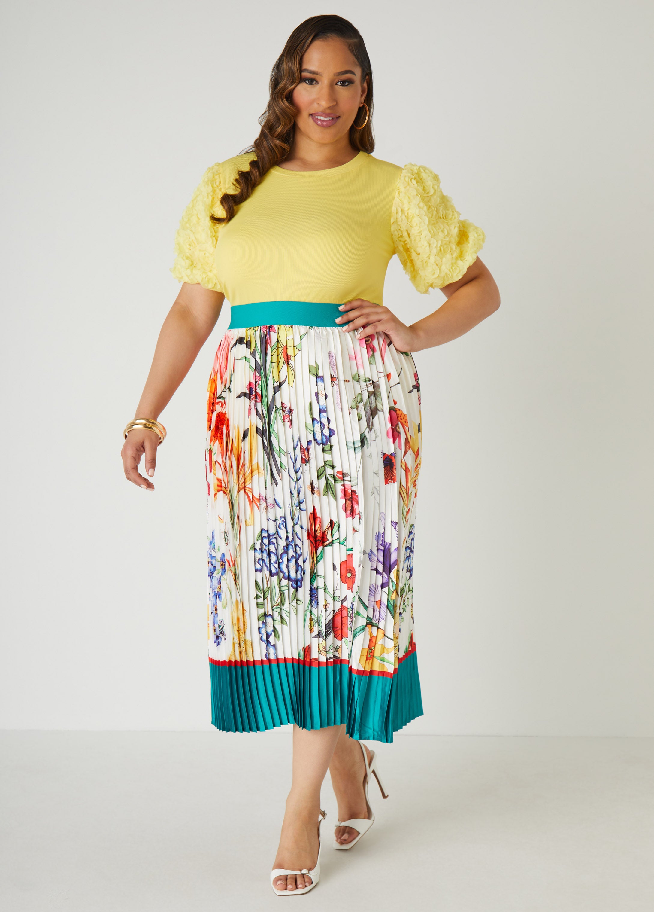 Springtime Delight: Elastic-Waist Pleated Floral Print Satin Midi Skirt
