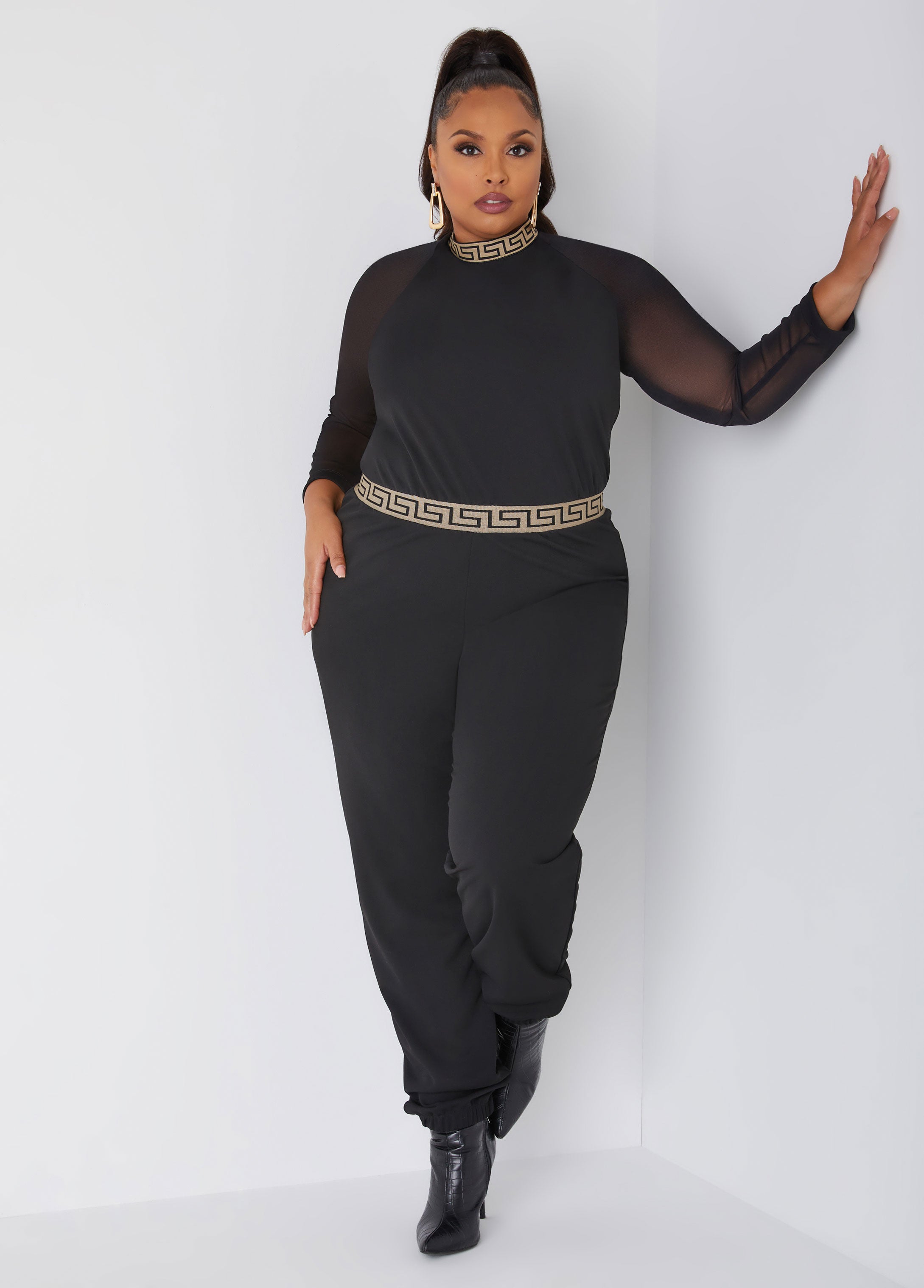 Stretch Crepe Jogger Jumpsuit with Mesh Paneled Sleeves and Greek Key Trimming