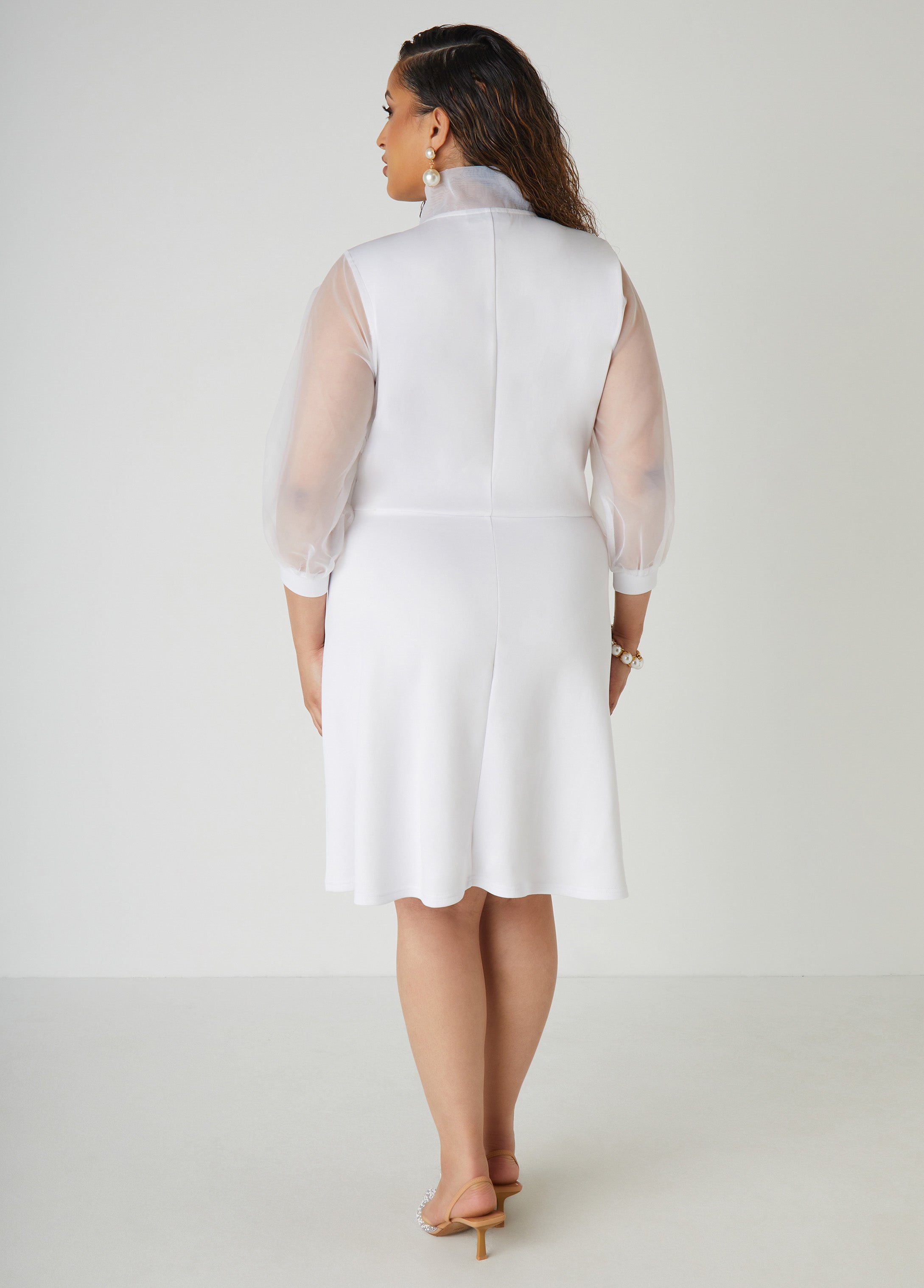 Stretch-Knit Organza Tie Neck Paneled A-Line Elegant Dress