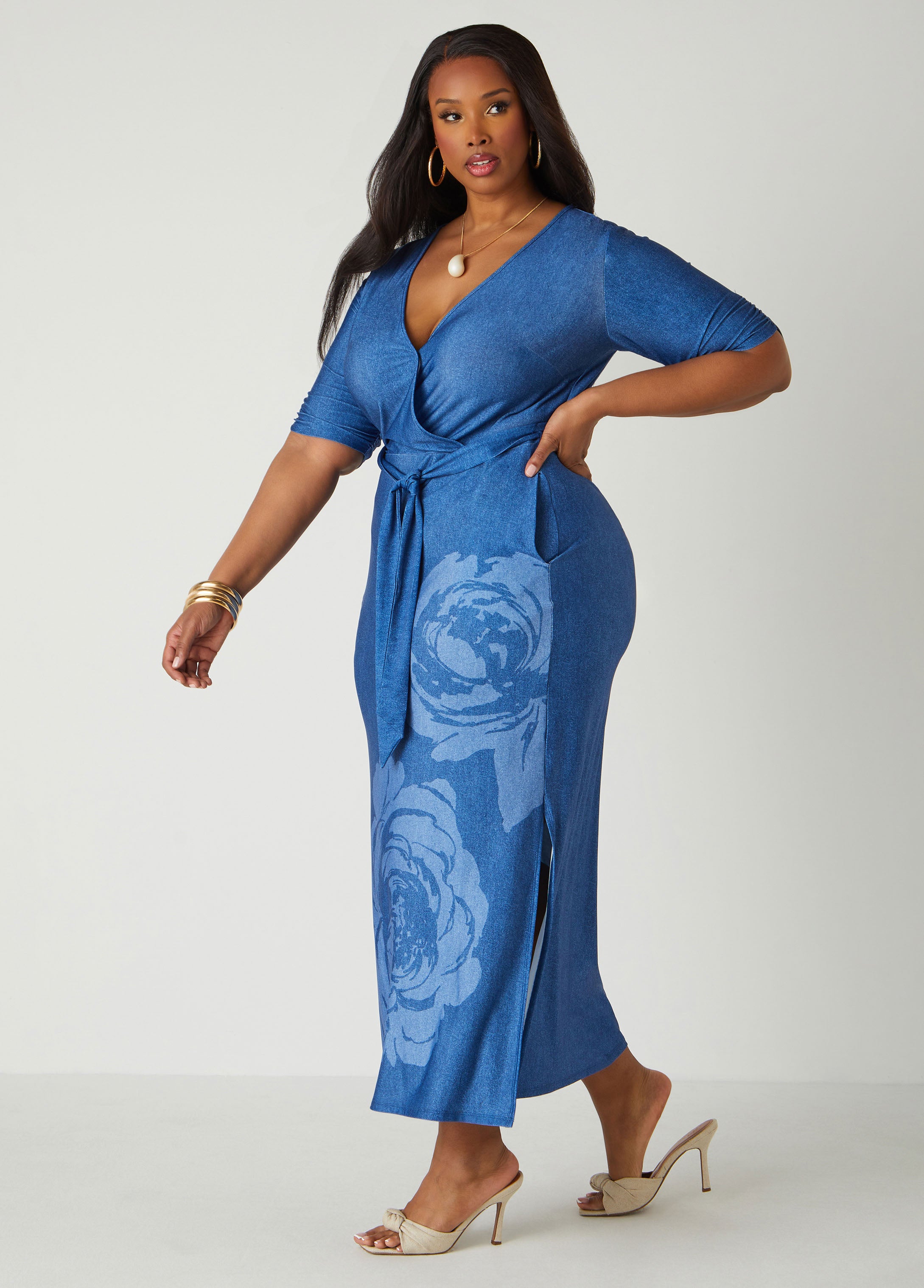 Hot Deal! Belted Faux Wrap Floral Denim-Print Maxi Dress for Fashionable Women