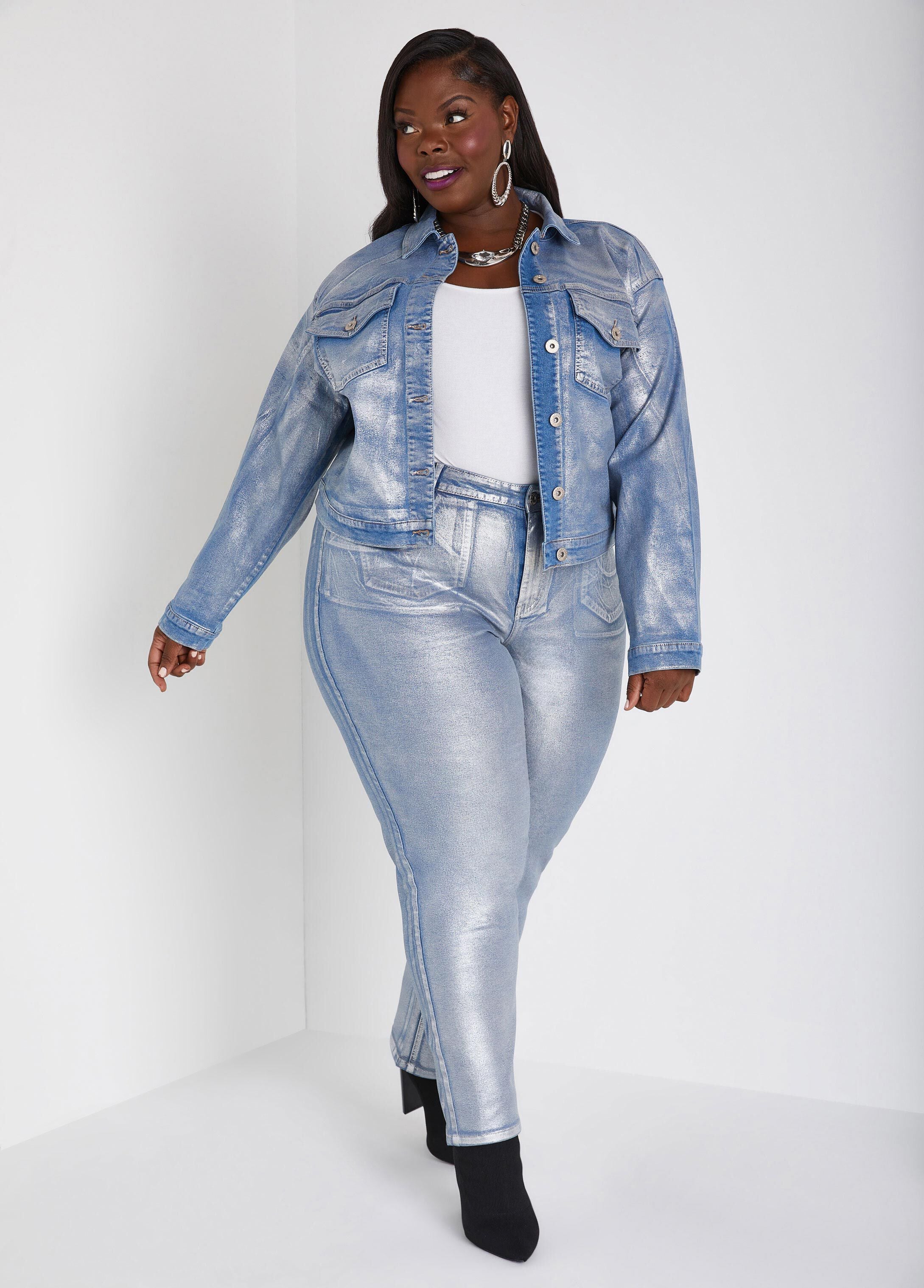 Stylish Metallic Stretch Cropped Denim Jacket for a Bold Look