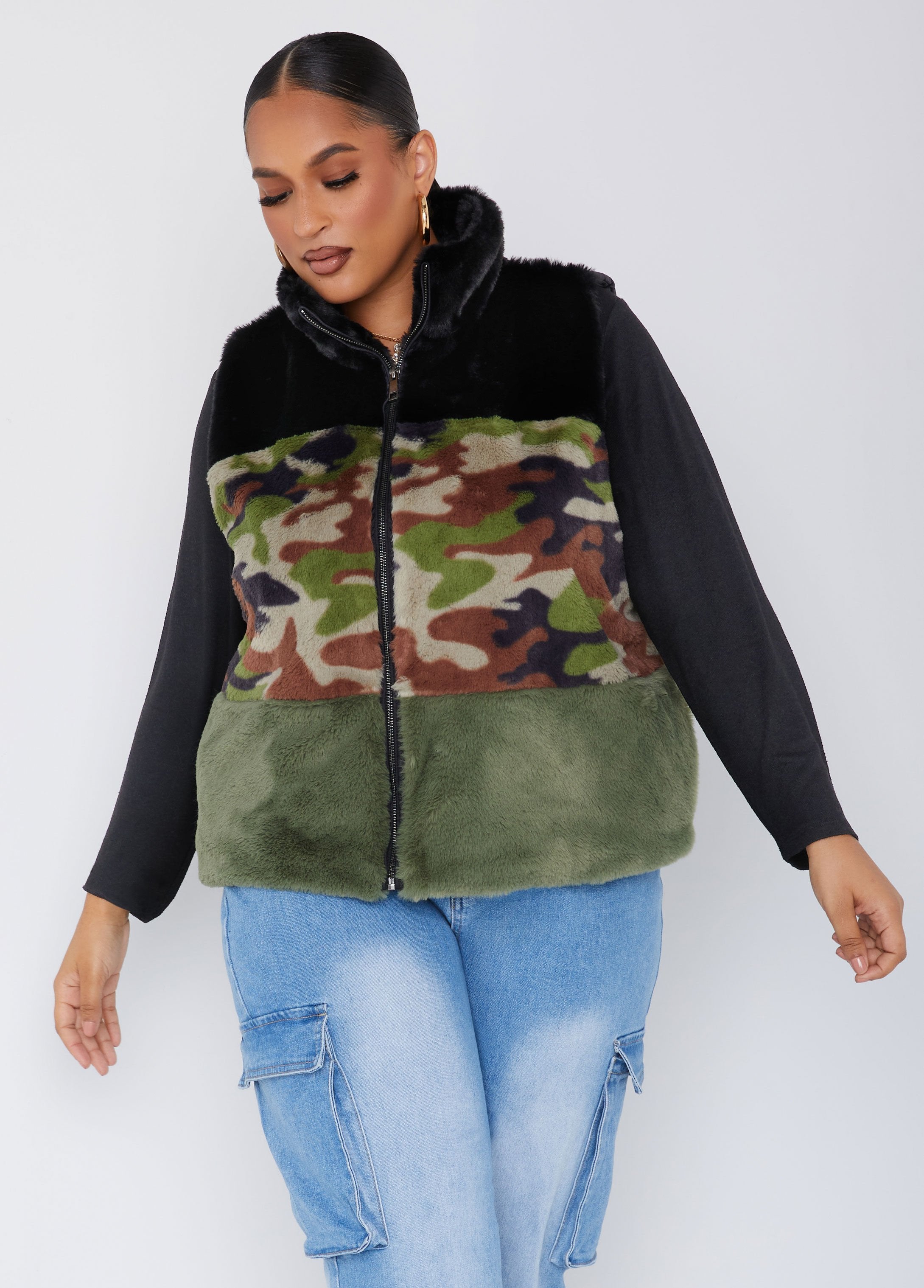 Stylish Printed Faux Fur & Quilted Woven Panel Vest