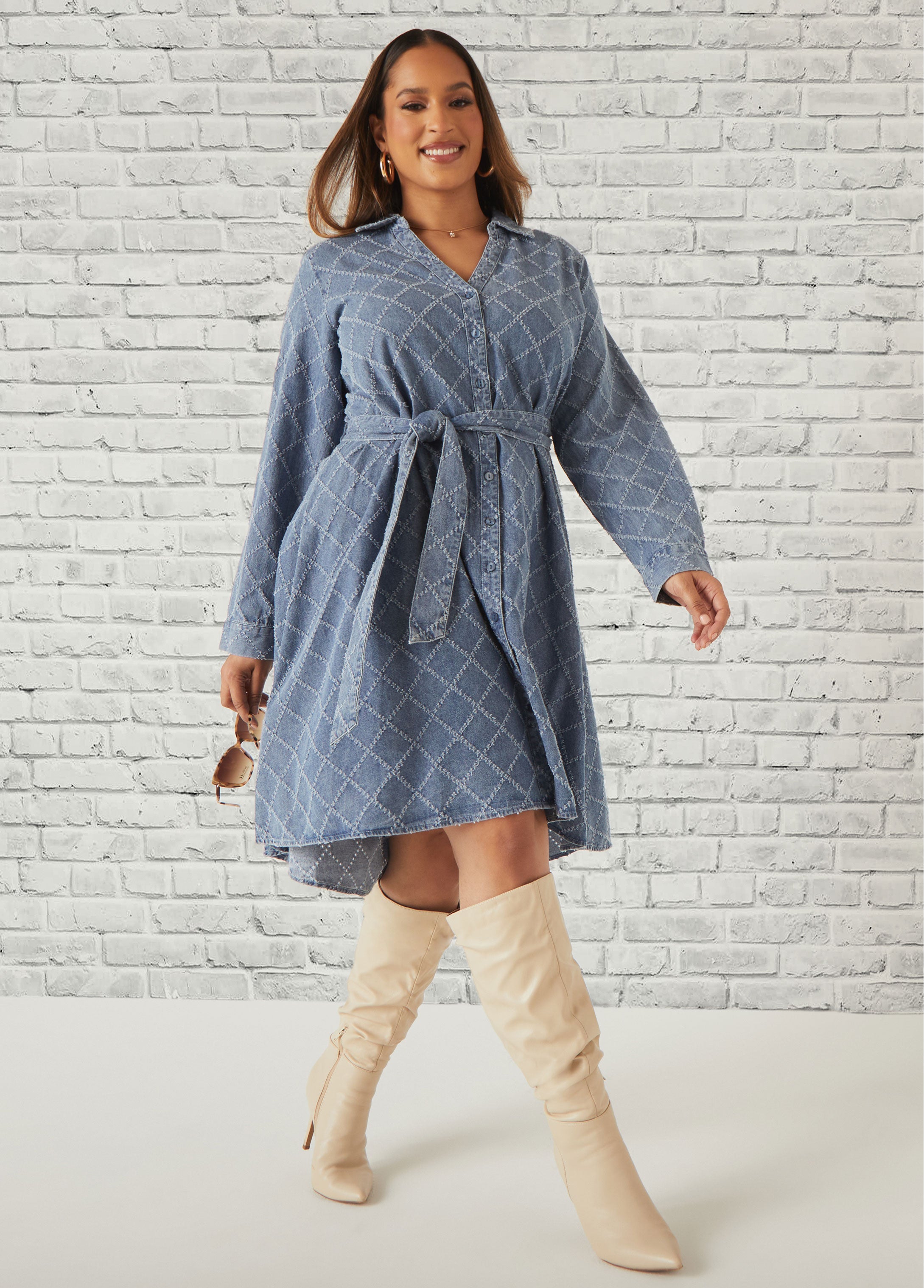 Hot! Belted Textured Denim Shirtdress - Stylish for Any Occasion