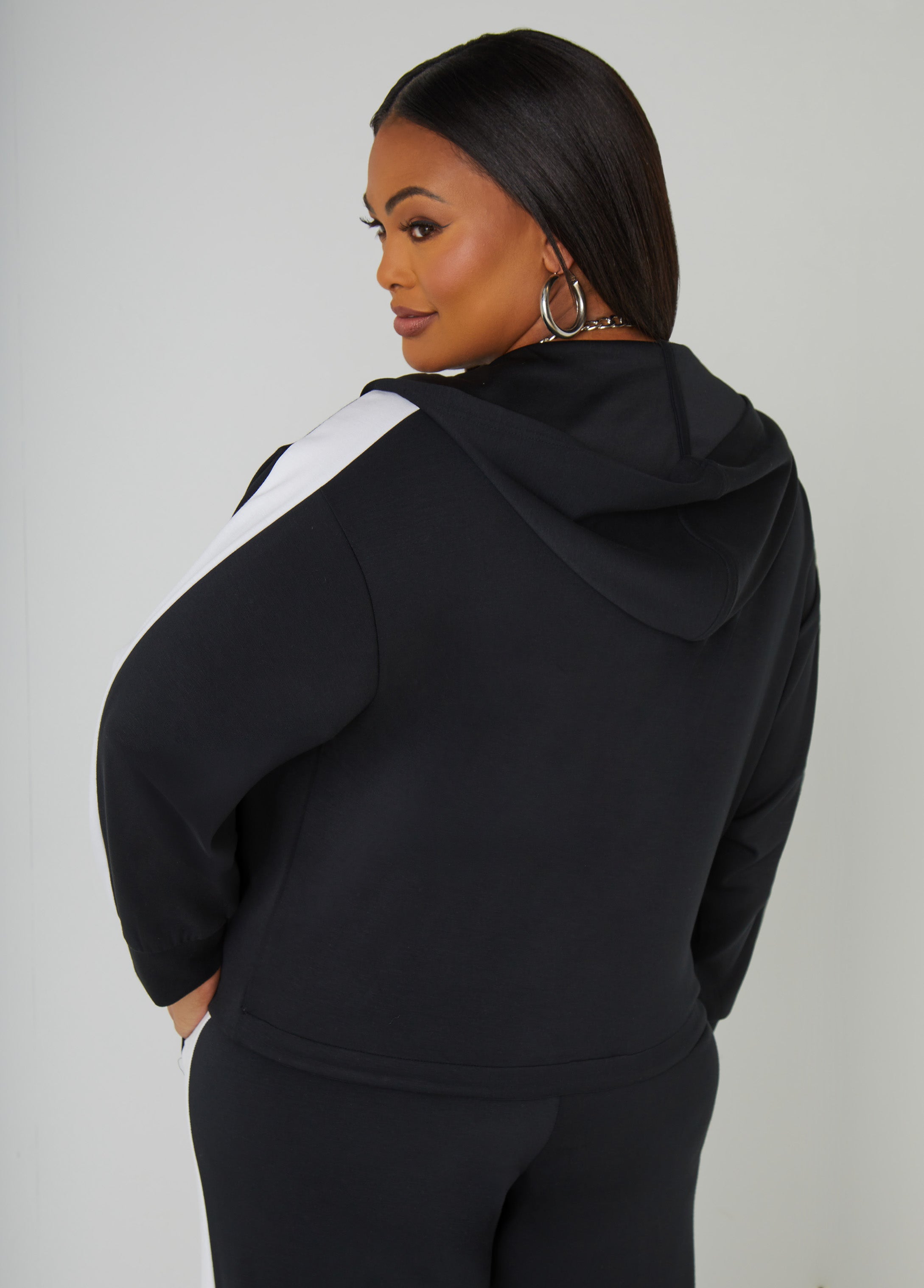 Stylish Stretch-Knit Hooded Faux Wrap Striped Trim Top