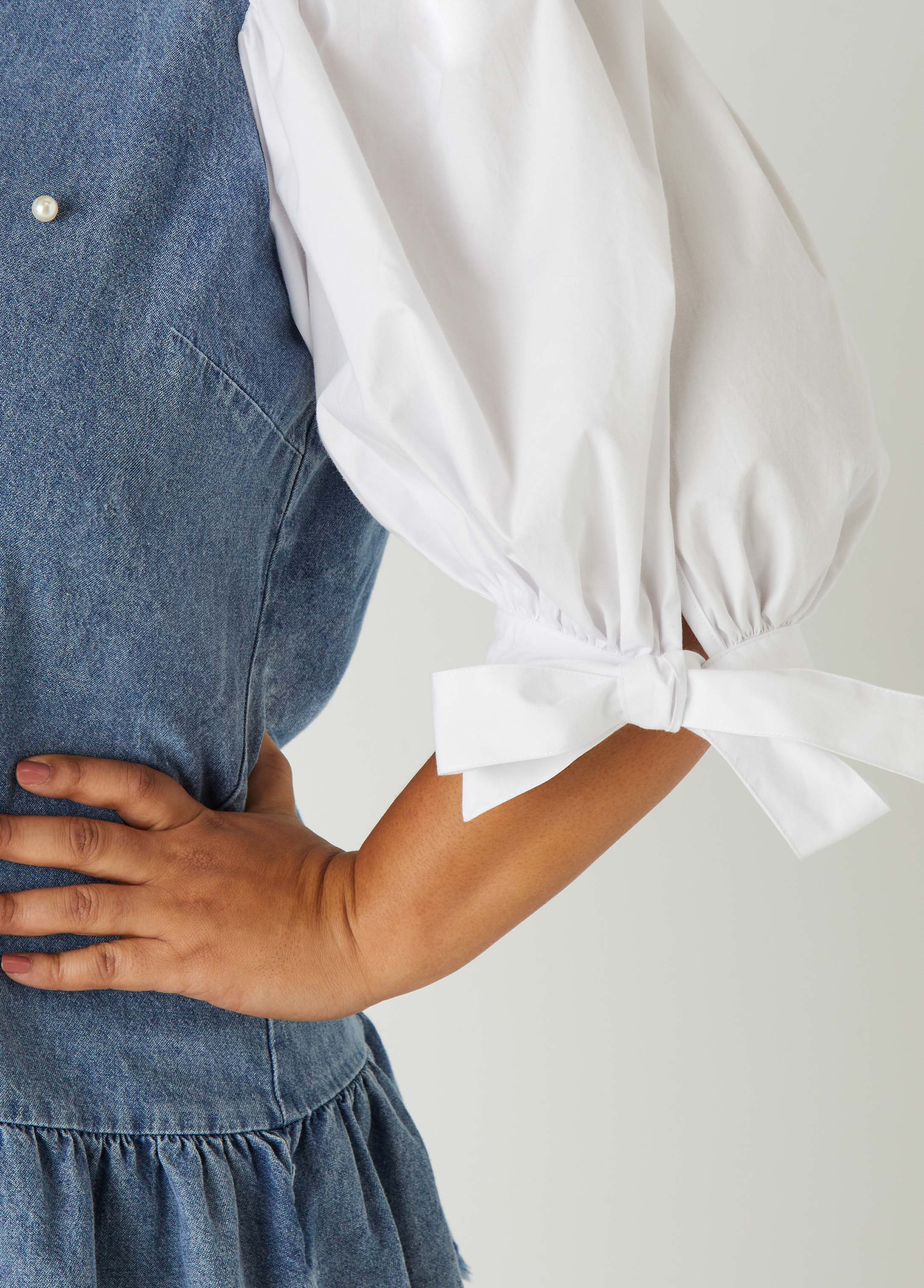 Hot Sale! Faux Pearl Embellished Cotton - Poplin Sleeve Denim Top for a Stylish Look